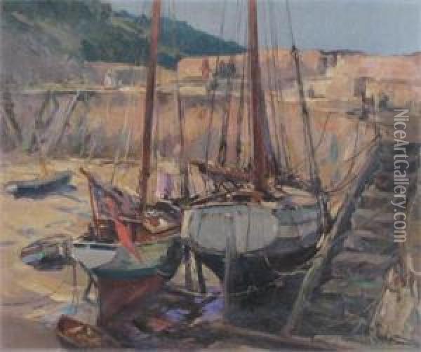 Polperro Harbour, Cornwall At Low Tide Oil Painting - Alexander Carruthers Gould