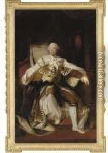 Portrait Of King George Iii, 
Full-length, Seated In The Coronationchair, In Robes Of State, Holding A
 Sceptre In His Right Hand Oil Painting - Sir Joshua Reynolds