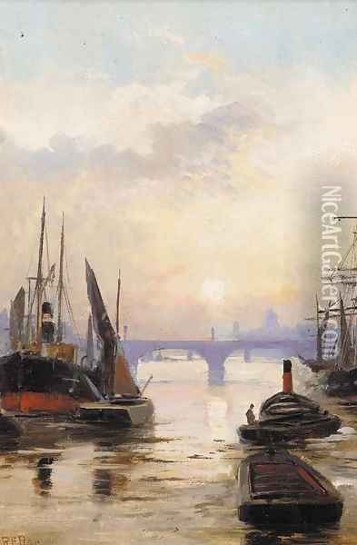 Shipping on the Thames at sunset Oil Painting - Robert Ernest Roe