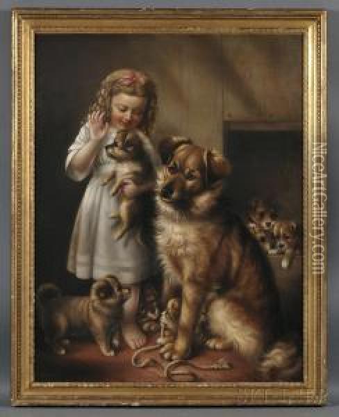Portrait Of A Girl With Dogs Oil Painting - Susan C. Waters