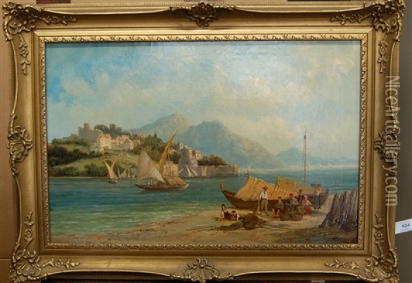 Mediterranean Scene With Figures And Fishing Boats Beside A Lake Oil Painting - William Raymond Dommersen