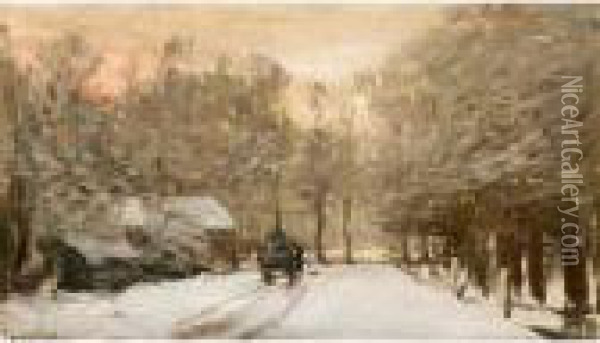 A Horse And Cart In A Snowy Landscape Oil Painting - Louis Apol