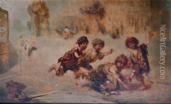 Going To The Derby (+ Street Urchins At Play; Pair) Oil Painting - Albert Ludovici Sr.