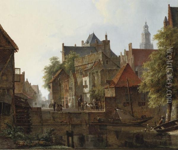 Horsemen On A Quay In A Dutch Town In Summer Oil Painting - Kasparus Karsen