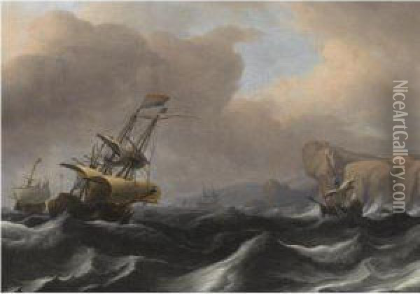 A Dutch Frigate And Other Shipping In Stormy Seas Along A Rockycoastline Oil Painting - Aernout Smit