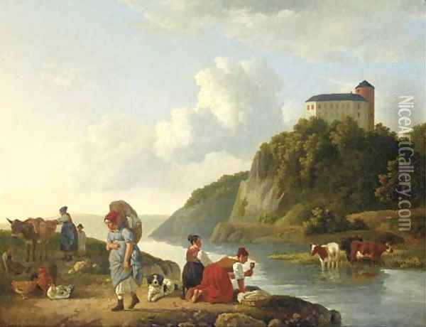 Washer women at a riverbank, a castle beyond Oil Painting - Leendert de Koningh