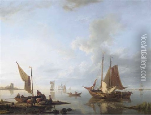 A Calm: Moored Sailing Vessels In An Estuary With Merchants Unloading Good In The Foreground Oil Painting - Hermanus Koekkoek the Elder