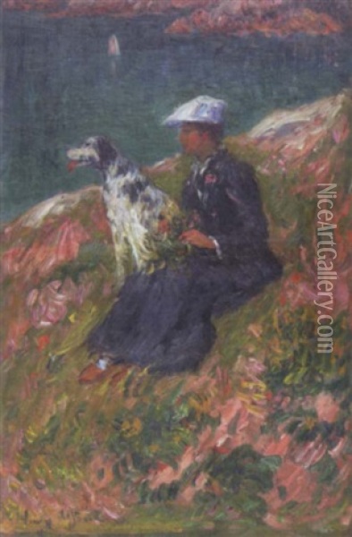 Femme Assise Au Setter Devant La Mer Oil Painting - Henry Moret