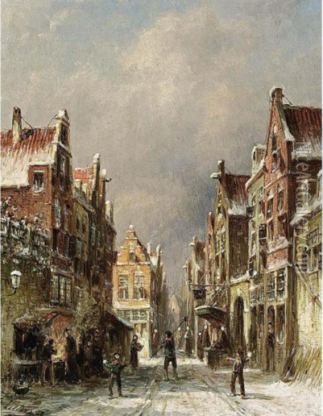 A Snowy Street Scene Oil Painting - Pieter Gerard Vertin