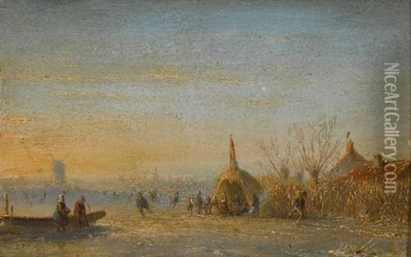 Eisvergnugen In Der Abenddammerung Oil Painting - Andreas Schelfhout