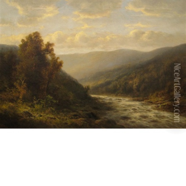 Landscape With Rapids, Blue Sky And Clouds Oil Painting - Thomas Bailey Griffin