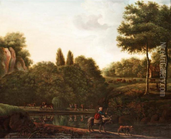 A River Landscape Oil Painting - William Tomkins