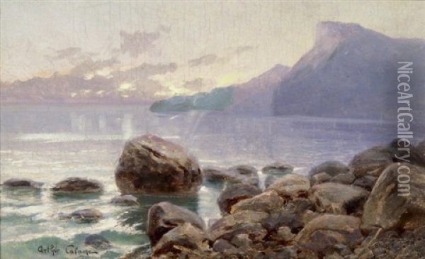 Blick Auf Den Genfersee Bei Sonnenuntergang Oil Painting - Jean-Baptiste-Arthur Calame