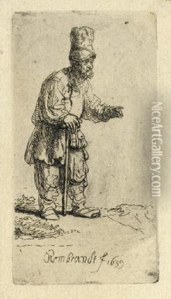 A Peasant In A High Cap, Standing Leaning On A Stick (b., Holl. 133; H. 164) Oil Painting - Rembrandt Van Rijn