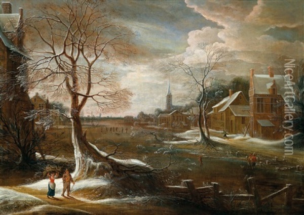Eine Winterlandschaft Mit Einem Dorf Und Eislaufern Oil Painting - Theodore van Heil