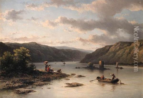 A Rhenish River Landscape With Fishermen In A Boat And Washerwomenon A Bank Oil Painting - Johannes Hilverdink