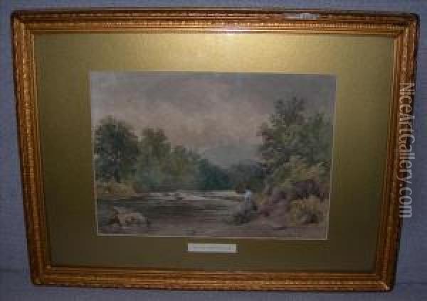 Angell Roberts View Ofthe River Usk Oil Painting - Thomas Edward Roberts