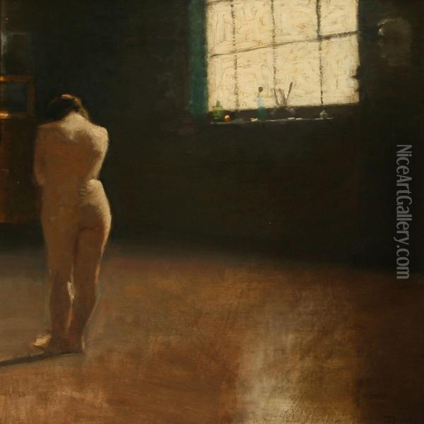 A Back Turned Nude Female Model In A Studio Oil Painting - Christian Clausen