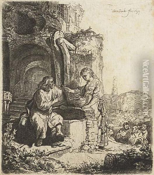 Christ And The Woman Of Samaria Among Ruins Oil Painting - Rembrandt Van Rijn