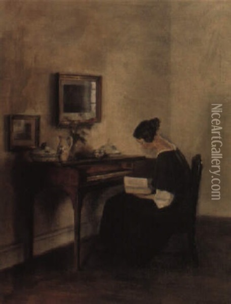 Interior Med Ung Dame L+sende Ved Spinettet Oil Painting - Carl Vilhelm Holsoe