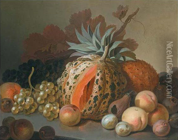Still Life Of Fruit And A Melon Oil Painting - Moses Haughton