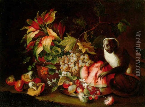 Still Life Of Flowers And Fruit With A Monkey Oil Painting - Michele Antonio Rapous