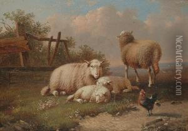 Sheep And Chickens In A Landscape; Sheep And Chickens By A Stile Oil Painting - Joseph Van Dieghem