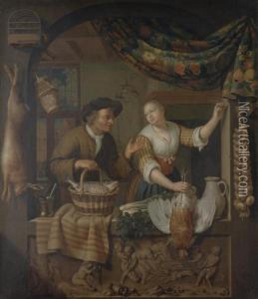A Fish Seller And A Poultry Seller In An Arched Window, Above Acarved Relief Oil Painting - Frans Ii Van Mieris