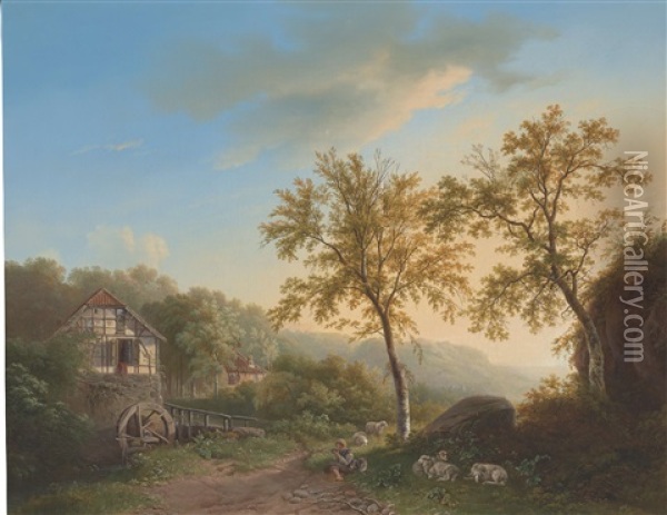 A Hilly Landscape With A Watermill And A Shepherd Boy And His Flock Oil Painting - Willem Bodemann