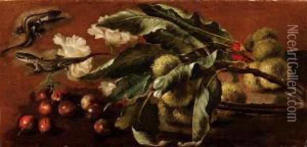 Ramo Di Castagno, Ciliegie, Rose (peonie?) E Due Lucertole Oil Painting - Paolo Porpora