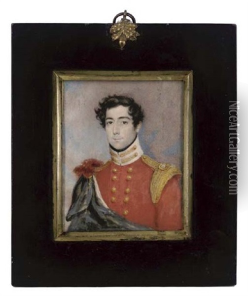 An Officer Of A Light Company Of An Infantry Regiment, With White Collar With Gold Embroidery, A Blue Cloak Over His Shoulder Oil Painting - James Warren Childe