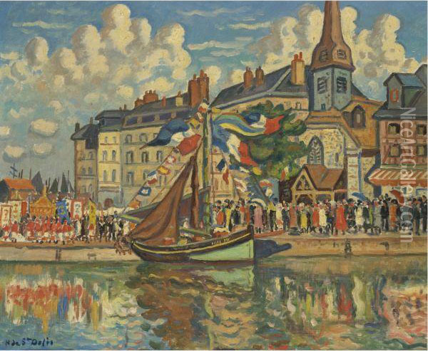 Boat In Harbor Oil Painting - Henri Lienard De Saint-Delis
