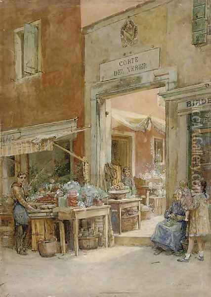 A child and her doll outside a shop, Venice Oil Painting - Thomas Watt Cafe