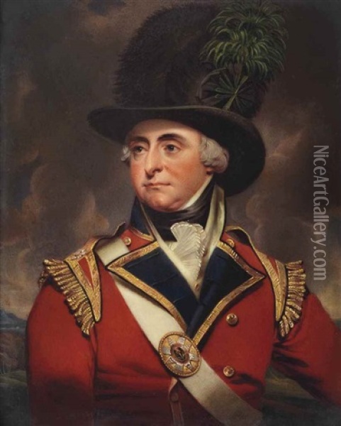 General Robert Manners (1758-1823), In The Uniform Of The Light Company Of The 3rd (scots) Regiment Of Foot Guards, Scarlet Coat, Gold-bordered Blue Lapels And Collar, Gold Buttons And Wings, Part-enamelled Regimental Shoulder Belt Plate Decorated With Th Oil Painting - Henry-Pierce Bone
