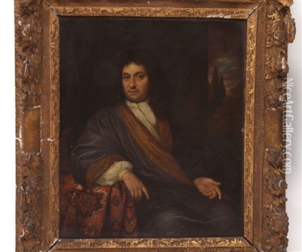 Portrait Of A Gent, Half-length, Seated In Cloak, Resting On Table With Embroidered Tablecloth, Landscape To Background Oil Painting - Johan van Haensbergen