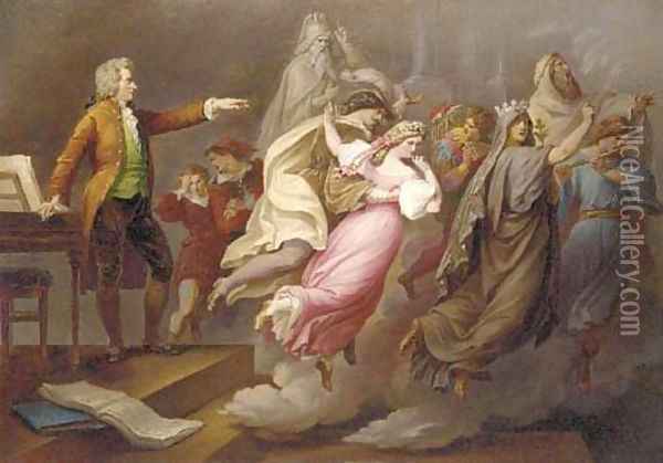 Mozart directing imaginary actors from the operas Oil Painting - Carl Joseph Geiger