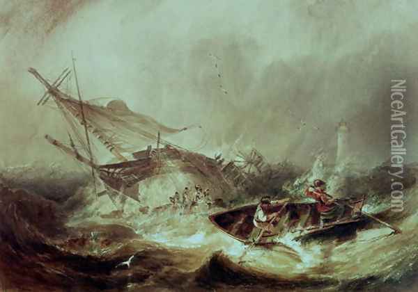 Rowing to rescue shipwrecked sailors off the Northumberland Coast Oil Painting - James Wilson Carmichael
