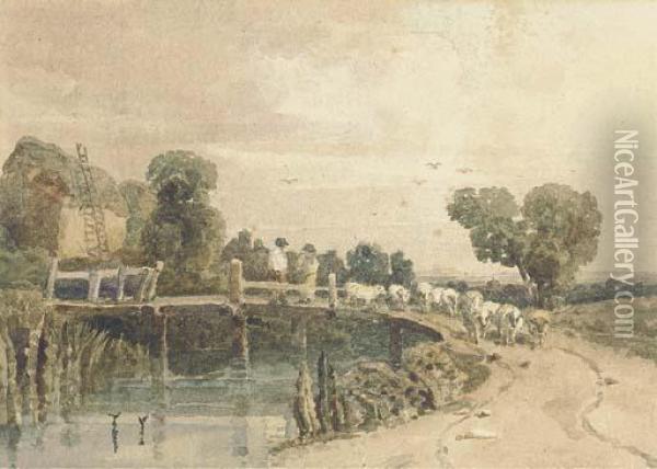 Shepherd And Flock On A Bridge, Near Newark Oil Painting - Peter de Wint