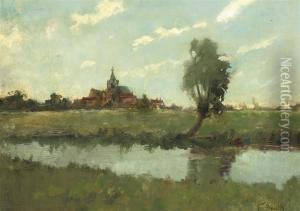 An Extensive Polderlandscape With The Church Of Kortenhoefbeyond Oil Painting - Victor Bauffe