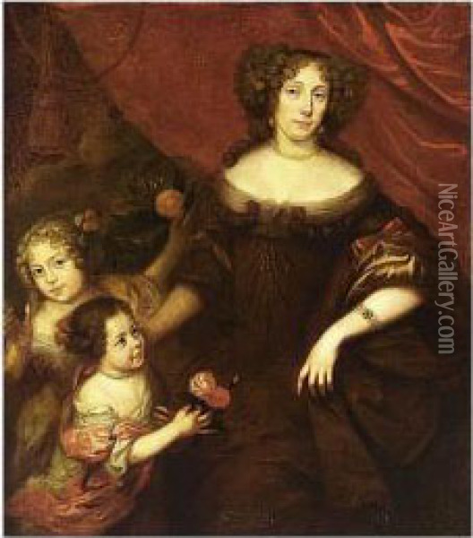 Portrait Of A Lady With Her Two 
Daughters, One Holding An Orange Tree, And The Other Roses Oil Painting - Jan Mytens