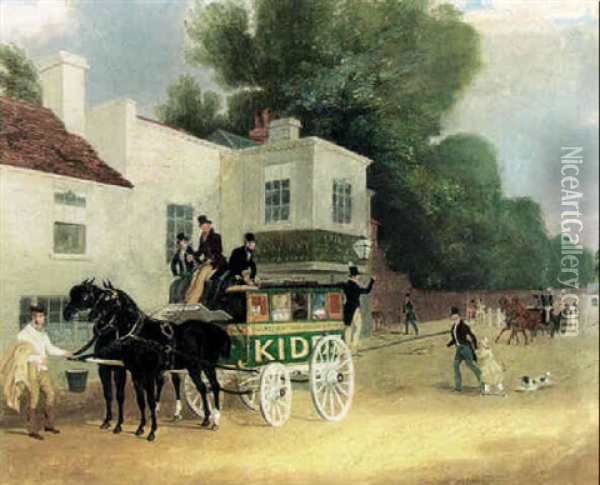 The Brentford-hammersmith Carriage Outside The Angel Inn Oil Painting - James Pollard
