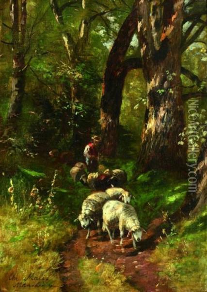Waldlandschaft Mit Schafherde. Oil Painting - Christian Friedrich Mali
