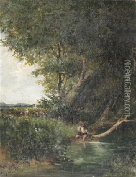 Angelnder Junge Am Bach Oil Painting - August Fink