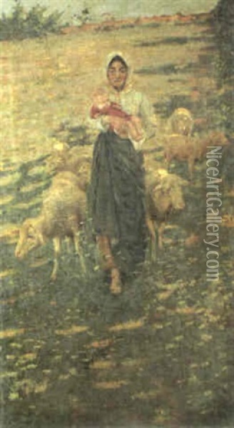 Mother And Child With Sheep In A Landscape Oil Painting - Niccolo Cannicci