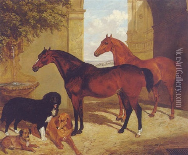 A Bay And A Chestnut Hunter With Dogs In A Courtyard Oil Painting - Henry Barraud