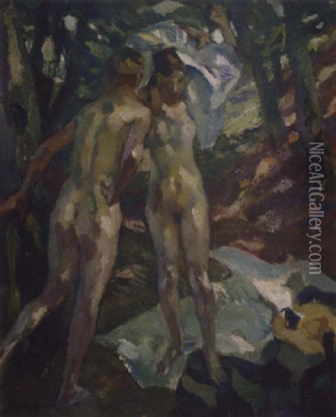 Zwei Weibliche Akte Im Wald Oil Painting - Leo Putz
