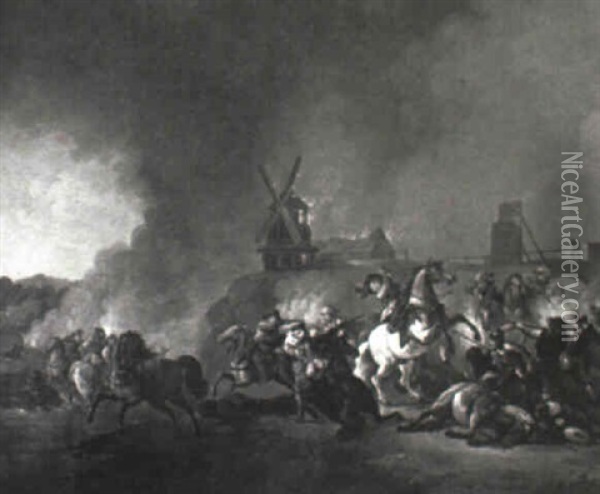 A Calvary Skirmish By A Burning Windmill Oil Painting - Simon Johannes van Douw