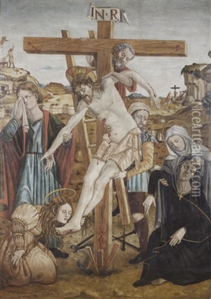 The Deposition, With The Sacrifice Of Isaac In The Distance Oil Painting - Alesso Di Benozzo