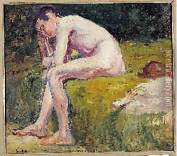 Moulineux, Jeune Baigneur Assis Oil Painting - Maximilien Luce