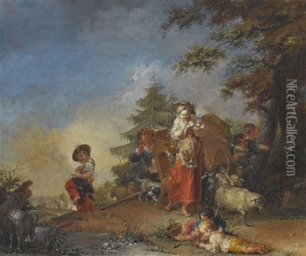 Brieflesende Schaferin Mit Karren Oil Painting - Januarius Johann Rasso Zick
